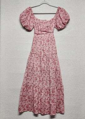 Audrey Parks Floral Puff Sleeve Maxi Dress Size XS Pink Tiered Flowy Cottagecore